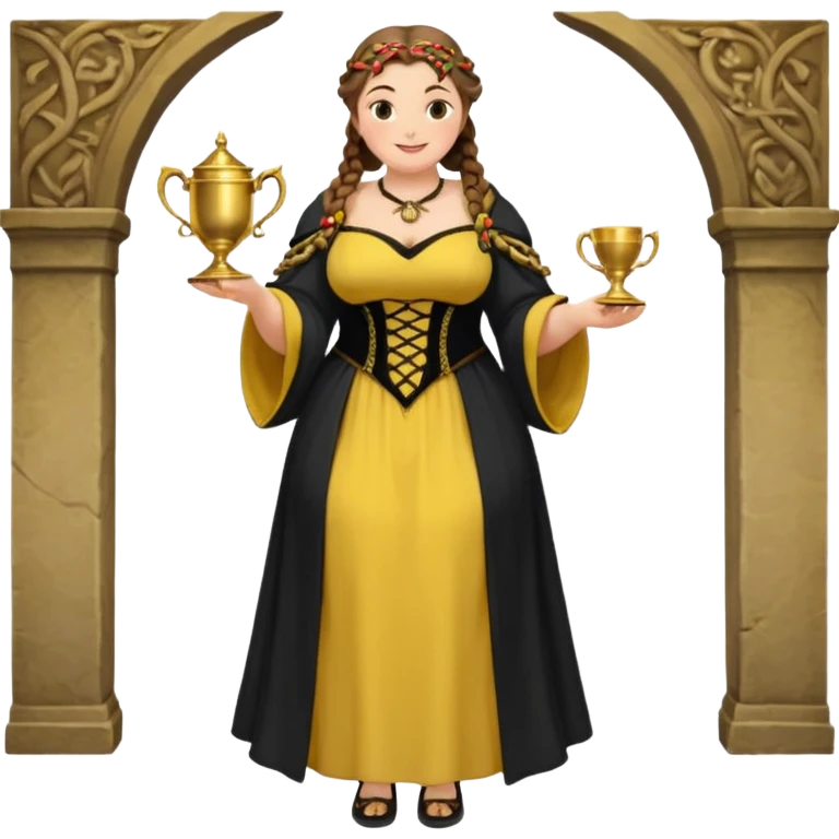 Helga Hufflepuff,brown-haired,2 braids,yellow-black medieval open dress,deep neckline,fat macromastia,black cloak decorated with gold braiding,gold cup with two handles,very kind smile,curvy busty sweet woman,round rosy cheeks,full length with medieval shoes emoji