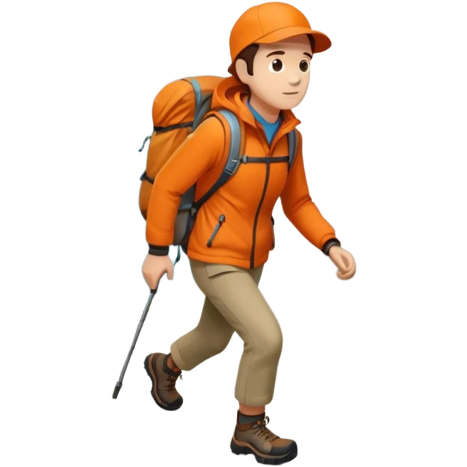 Hiker in orange jacket with backpack climbing mountain trail, minimalist design emoji