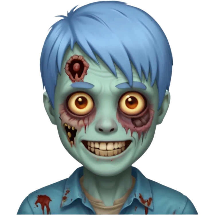 я мужчина, цвет волос пепельно синий, стрижка как у футболиста Yamal сделай меня в стиле зомби и ещё сделай с Улыбкой крутой и поменяй стрижку больше объемной зделай, и чёлку не на бок а прямо и зделай больше урагана на волосах emoji