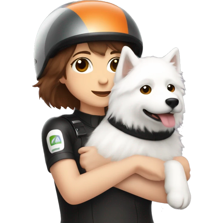 Girl biker white skin and brown short hair with a agv helmet hugging a Samoyed emoji
