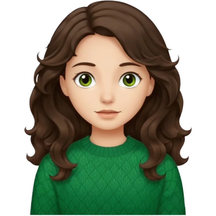Una chica güera con pelo ondulado, café oscuro, largo, ojos cafés oscuros y con suéter o camisa verde emoji