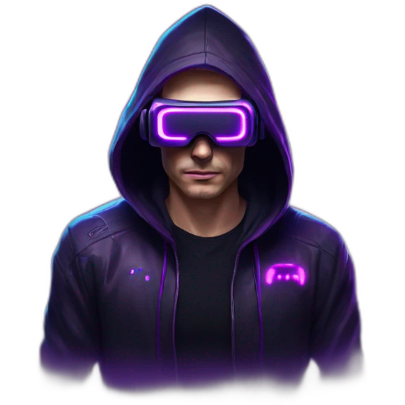 Russian man in the black hoody with violet OMG VR logo on it wearing vr headset. Cyberpunk style. Violet neon. emoji