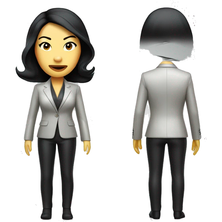 Asian woman, looking like Lucy Liu,  in business leather suit breaks a rod emoji