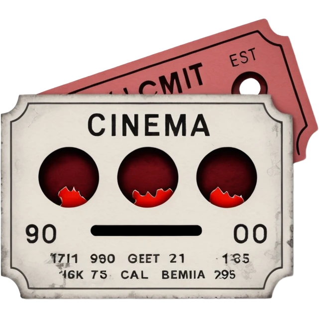 Minimalist emoji-style sticker of an old torn cinema ticket, blood-stained edges and burn holes, grayscale paper

 emoji