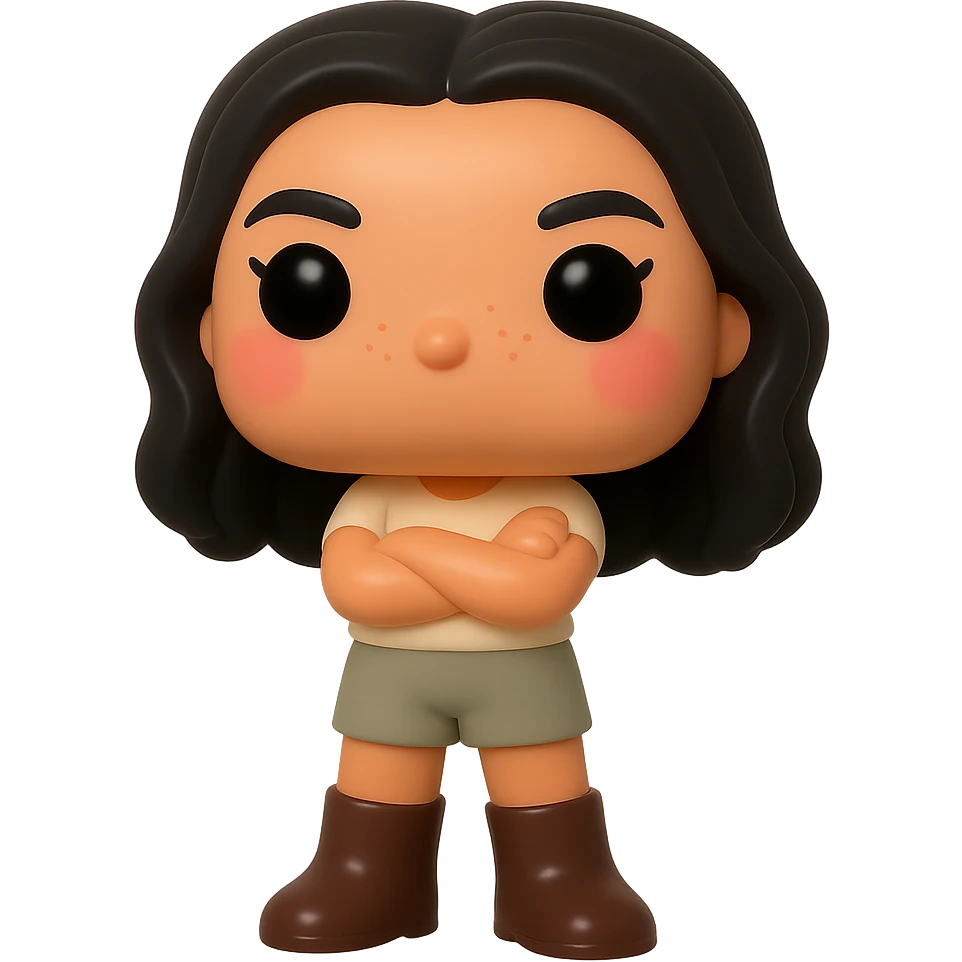 Create a Funko Pop style vinyl figure with superior quality and smooth tanned skin. The figure has detailed dark hair and textured clothing consisting of a cream top and greige bottoms. The dark greige leather boots are clearly visible. The figure's arms are crossed, with rosy cheeks and very discreet freckles. The expression is mischievous and cheerful, with no mouth. The background should be transparent. emoji