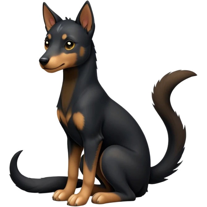 cinematic-[kelpie]-realistic-full-body-sitting-emoji,-tail-resting-loosely-beside-its-paws,-head-tilted-dramatically, -sleek-[Black and tan]-fur,-simplified-yet-realistic-focused-features,-highly-detailed,-glowing-with-an-almost-sarcastic-glow emoji