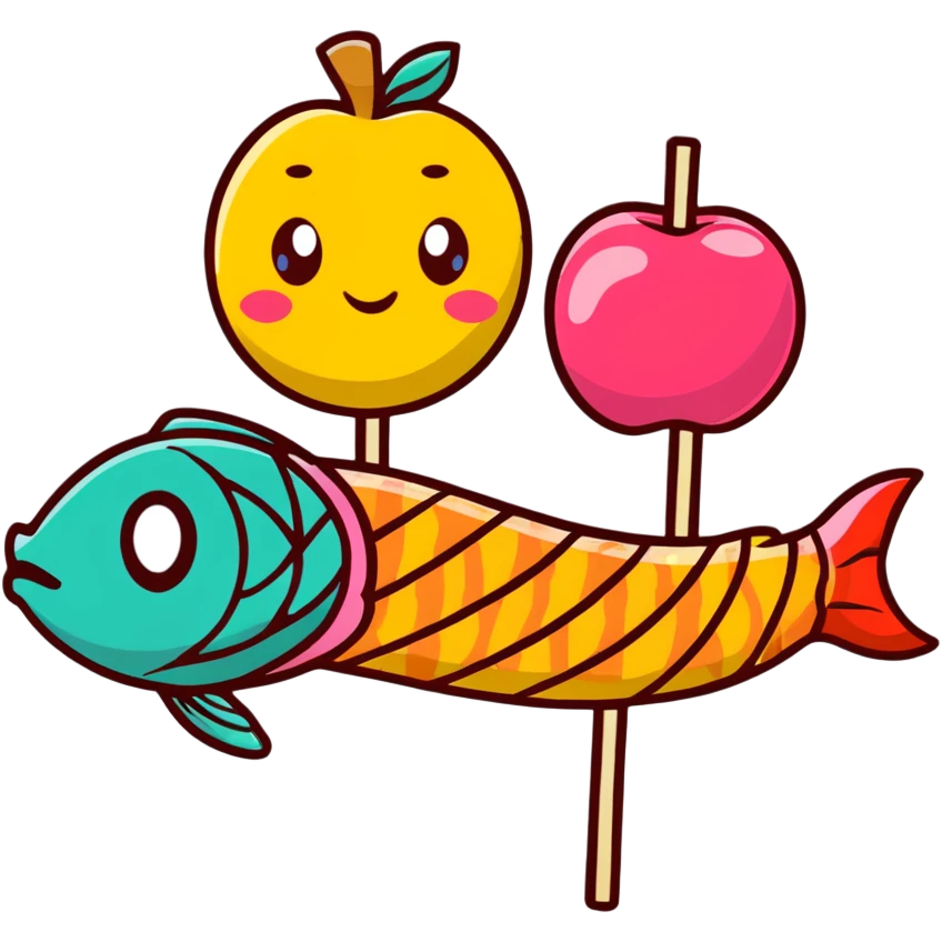 A cute arrangement of red apple, fish cake with pink swirl, rice cracker, and tri-colored dango skewer as a food snack collection emoji