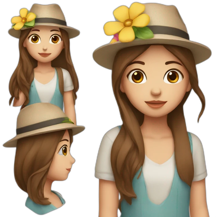 Girl with brown straight hair wearing a hat and a flower in her hand emoji