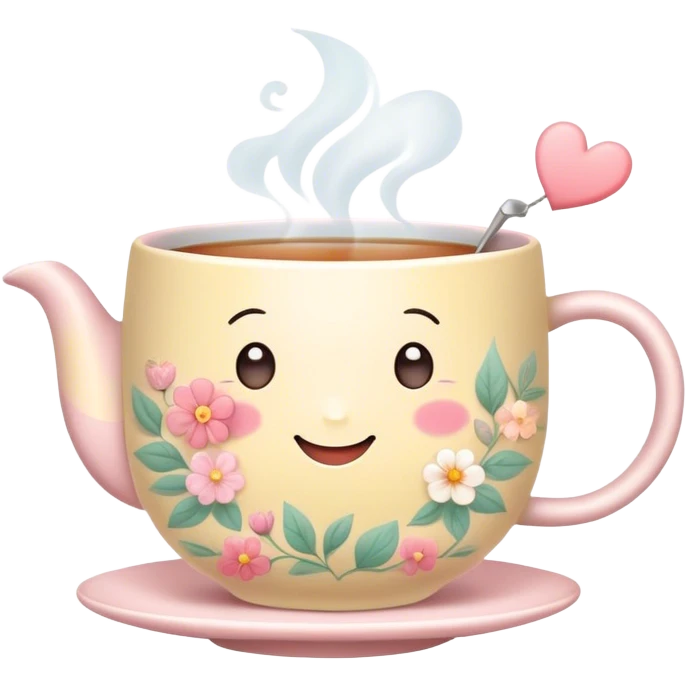 Cute Kawaii Tea Cup, steaming with warmth, a charming smiling face, soft pastel tones, delicate floral patterns, a tiny heart-shaped tea bag tag, cozy and inviting! emoji