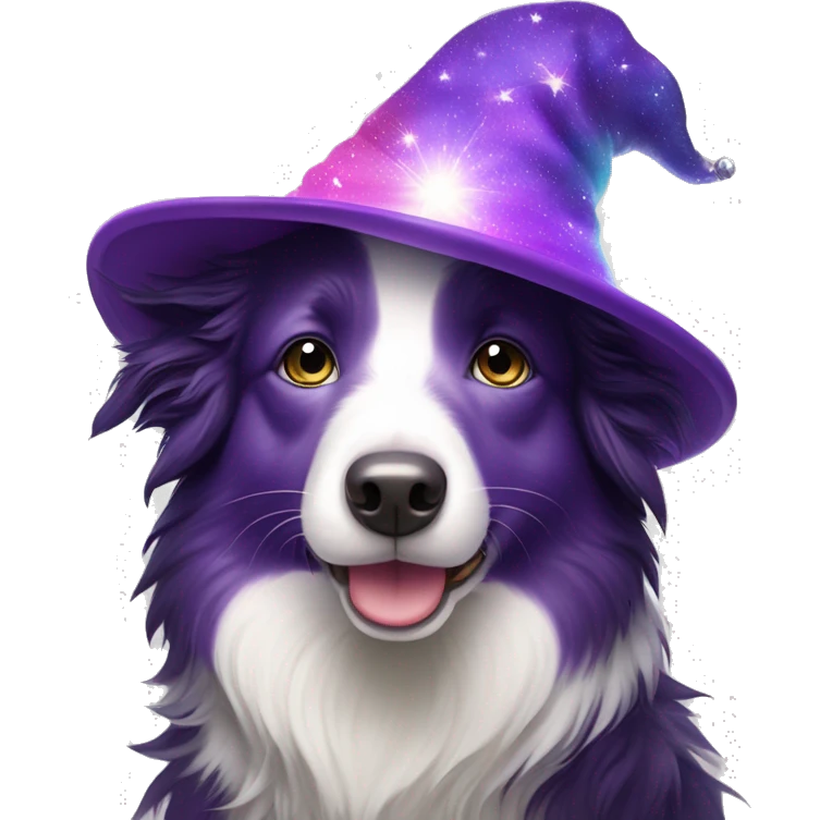 Rainbow-coloured Border Collie wearing a purple velvet wizard hat covered with tiny, sparkling, silver stars.  emoji
