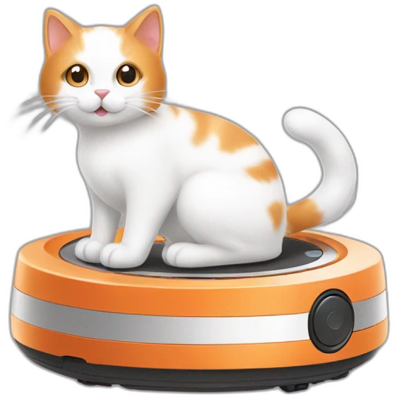 white and orange cat sitting on roomba emoji