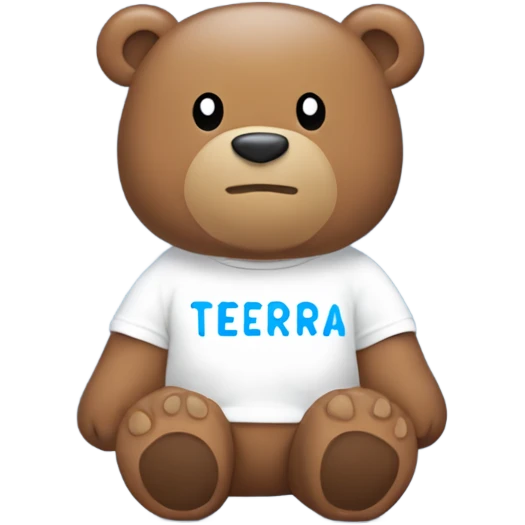 A cute brown bear wearing a white T-shirt with the word 'TIERRA' printed in bold letters, each letter clearly spaced ('T I E R R A'). The T-shirt is white, and the background is light blue. The bear is adorable with soft emoji