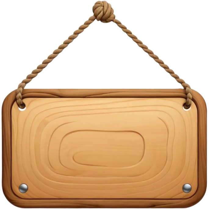 3D cartoon style wooden hanging signboard, smooth polished wood texture, rounded edges, detailed wood grain, thick twisted ropes going through holes on both sides, hanging rope knots visible, isolated on white background, soft shadow, high resolution, digital illustration, centered composition emoji