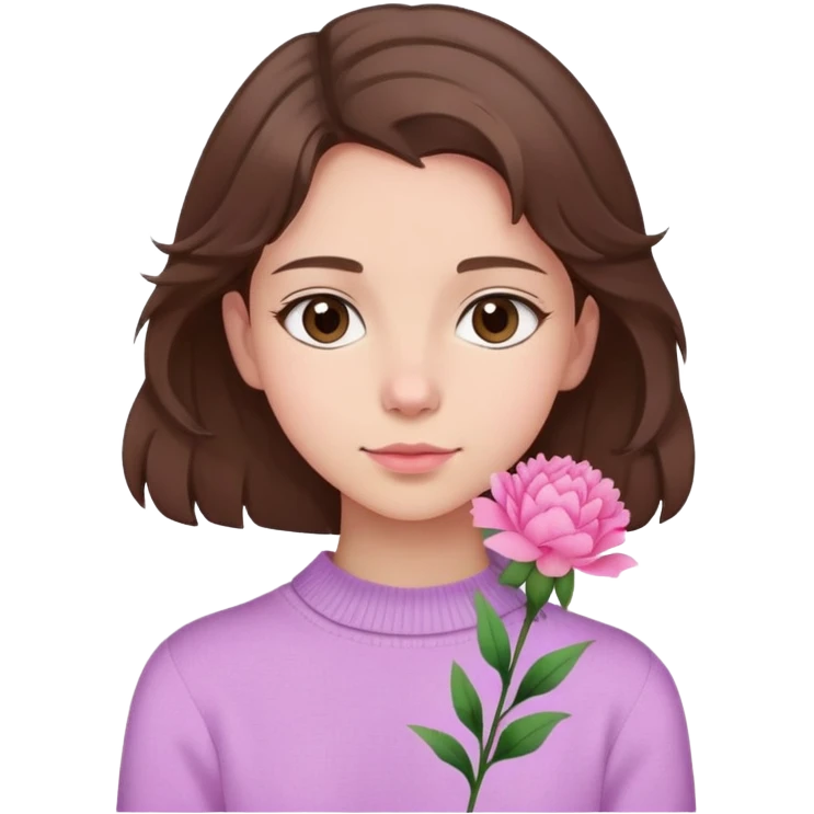  A girl with shoulder-length hair, a pink carnation behind her ear, and a light purple sweater, exuding a gentle aura. emoji