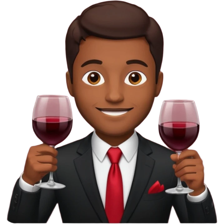 Man with black suit and red tie, brown skin, handsome, drinking wine with a happy face emoji