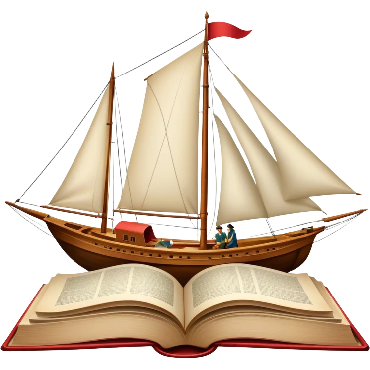 Icon for Reading Fiction: a large open book with pages turning, Musketeers on horseback, Sherlock Holmes and other literary elements, a sailboat sailing across the pages. The icon should evoke the adventurous spirit of storytelling. Transparent background. emoji