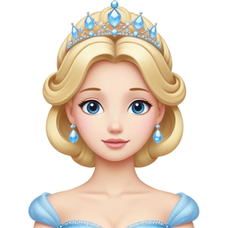 Cinematic Majestic Cinderella Portrait Emoji, rendered in a realistic, vector-style with clean, bold shapes. Depict Cinderella with a refined, noble expression, her fair skin luminous and her long blonde hair styled in an elegant updo, adorned with a delicate tiara. Her attire is a simple, sparkling ball gown that radiates soft pastel hues, glowing with a soft, majestic light and a subtle glowing outline, epitomizing classic royal beauty. emoji