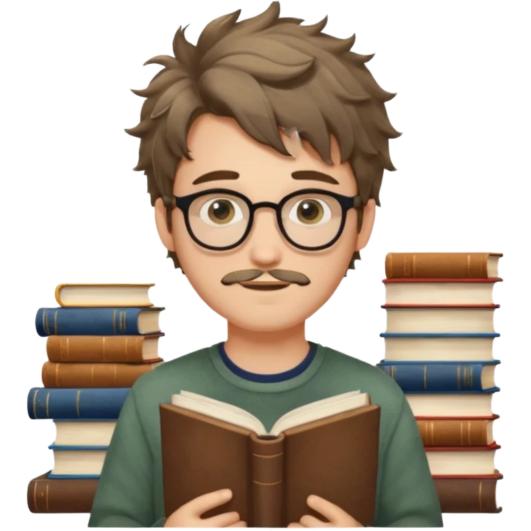generate an ios genmoji of a fair 20 year guy with faint beard, spectacles, messy hair, books in hand emoji