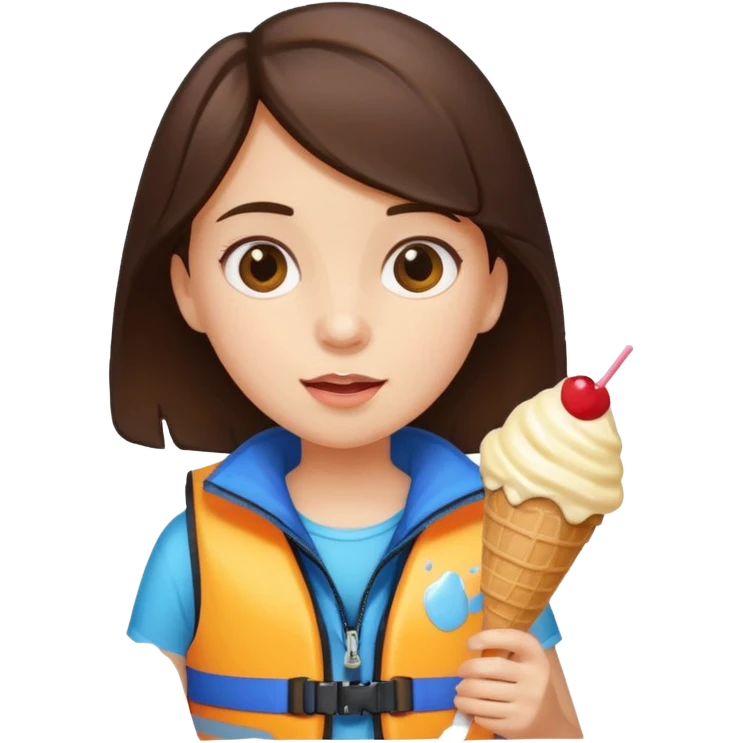 girl brunet kid wearing lifejacket, holding ice cream emoji