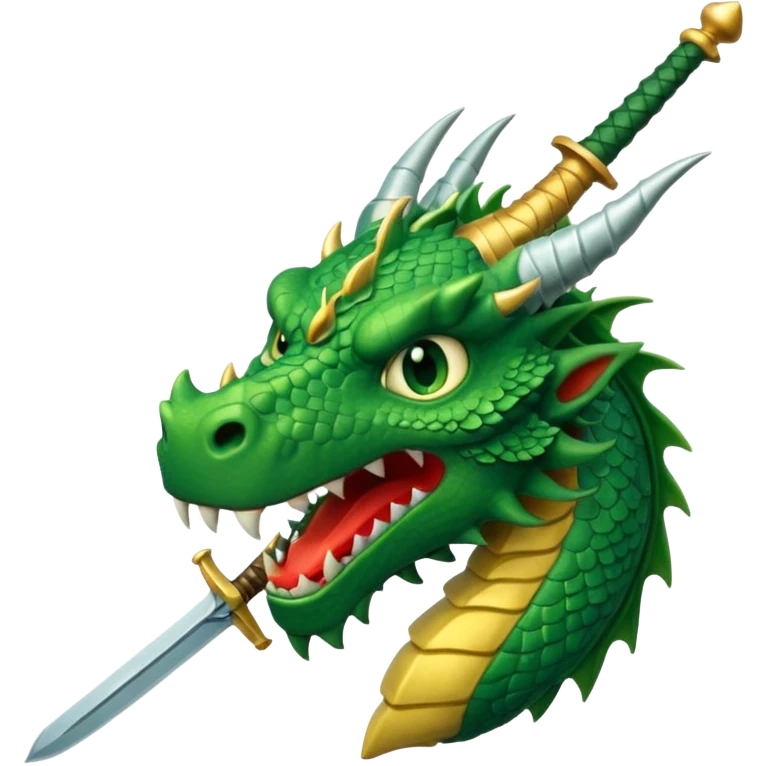 green dragon's head with sword embedded, defeated expression, conveying conquering a goal, WhatsApp emoji style emoji