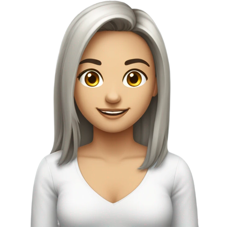 mulher morena, com estatura de 1,65 m, sorridente, rosto pouco redondo e cabelo liso e com mexas loira emoji