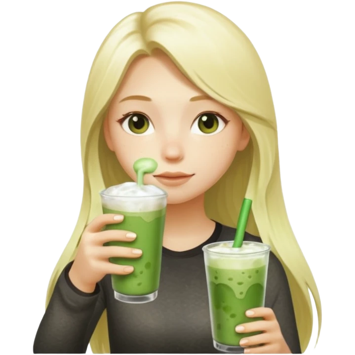 light blonde with long hair luxury girl drinking ice matcha latte emoji