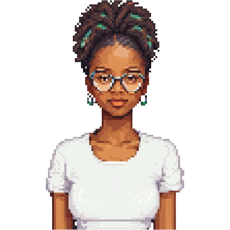black woman with natural hair, wearing glasses, pixel art style emoji
