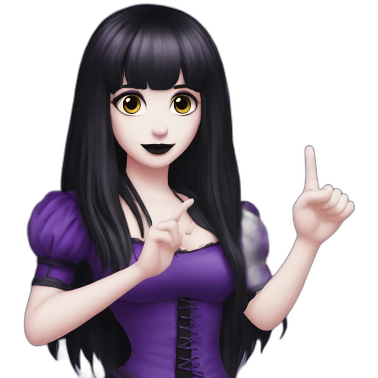 Elissabat -with bangs -long-hair-dark-plumpurple-and-black-vampire-goth-makeup-pinkeyes-romanticgothcloses-do a midele finger emoji