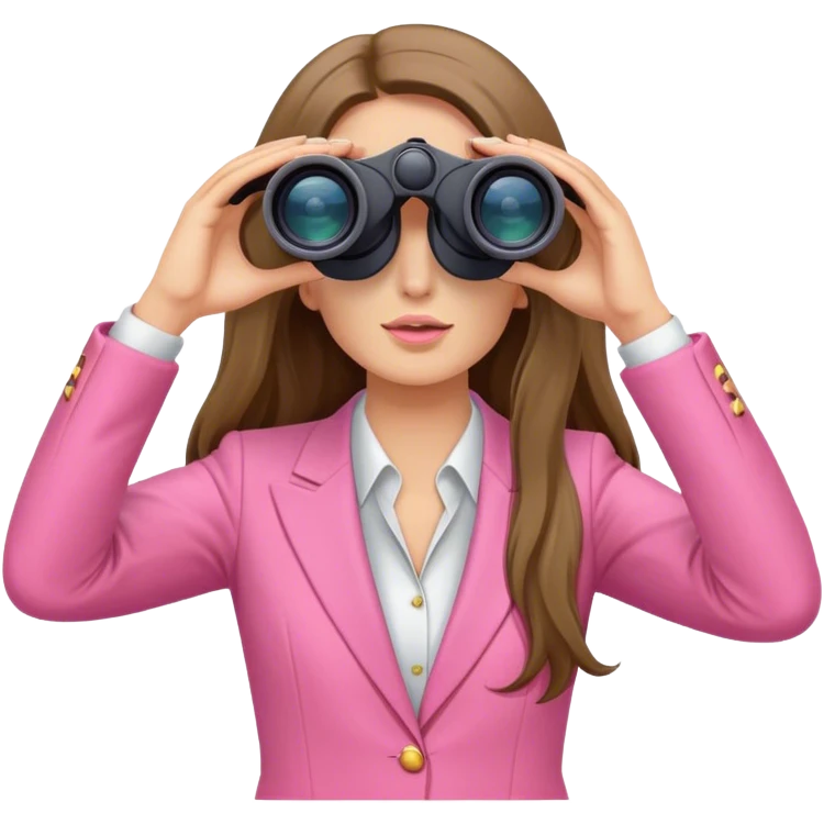 woman with long hair in a pink suit looking through binoculars, front view emoji
