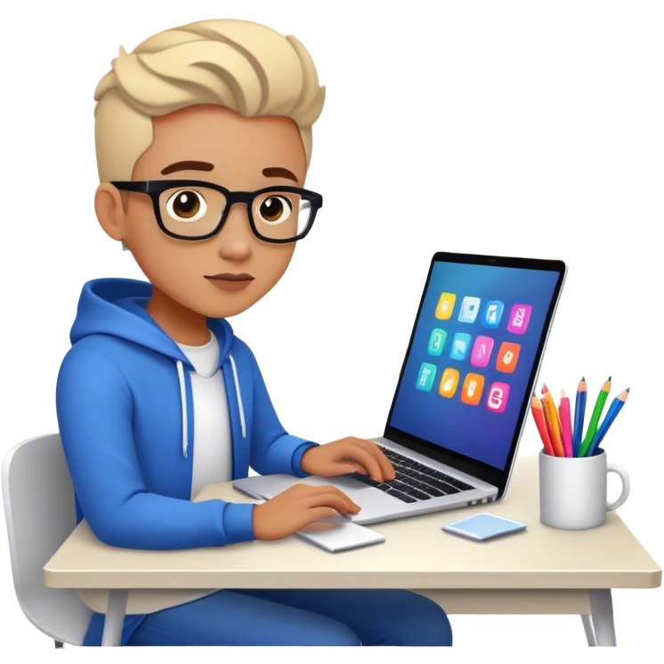 A web designer intensely working on a sleek laptop, surrounded by colorful design elements, glowing screens, and creative icons, with a focused expression and a modern workspace vibe. emoji