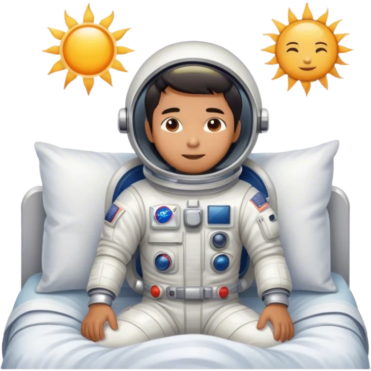 Asian man wearing in astronaut wakeup from the bed with sun emoji
