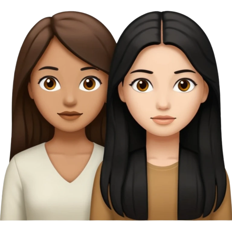 Dos mujeres juntas que una sea de color trigueña y de color blanca, cabello largo negro sea la de piel blanca y la de piel trigueña cabello castaño emoji