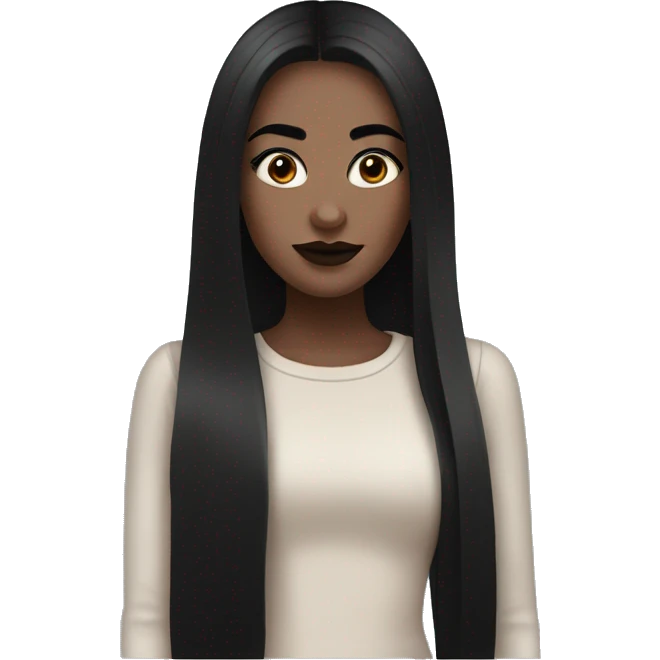 A girl with thin black eyebrows and long black hair and eyeliner with brown lipstick  emoji