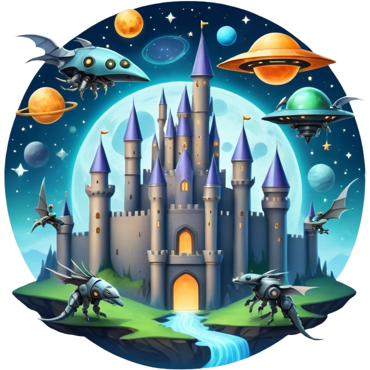 Icon for Fantasy and Sci-Fi Movies: A magical collage with flying dragons. futuristic spaceships and UFOs. Stars and planets shimmer in the background with a mystical castle Hogvards an ancient wizard and robots. The atmosphere is epic, otherworldly and adventurous. Transparent background. emoji