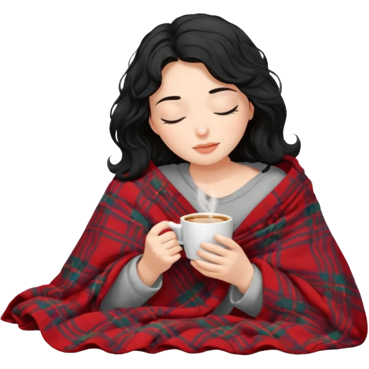 girl black hair wavy inside a blanket sipping coffee eyes closed emoji