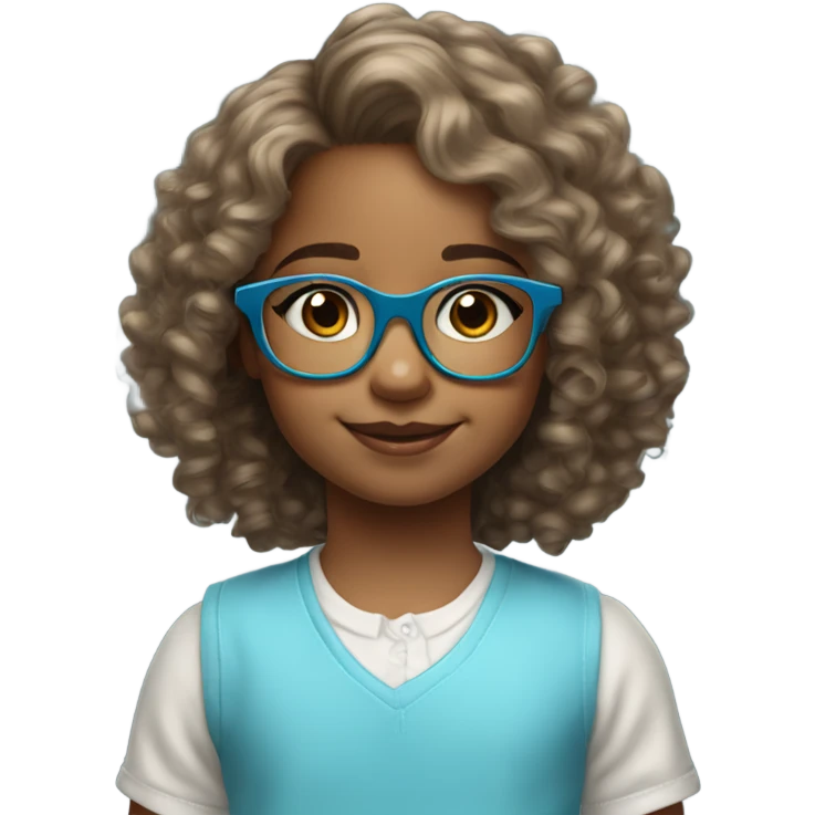 6 year old little girl light skin hazel eyes wearing light blue glasses with medium length curly hair emoji