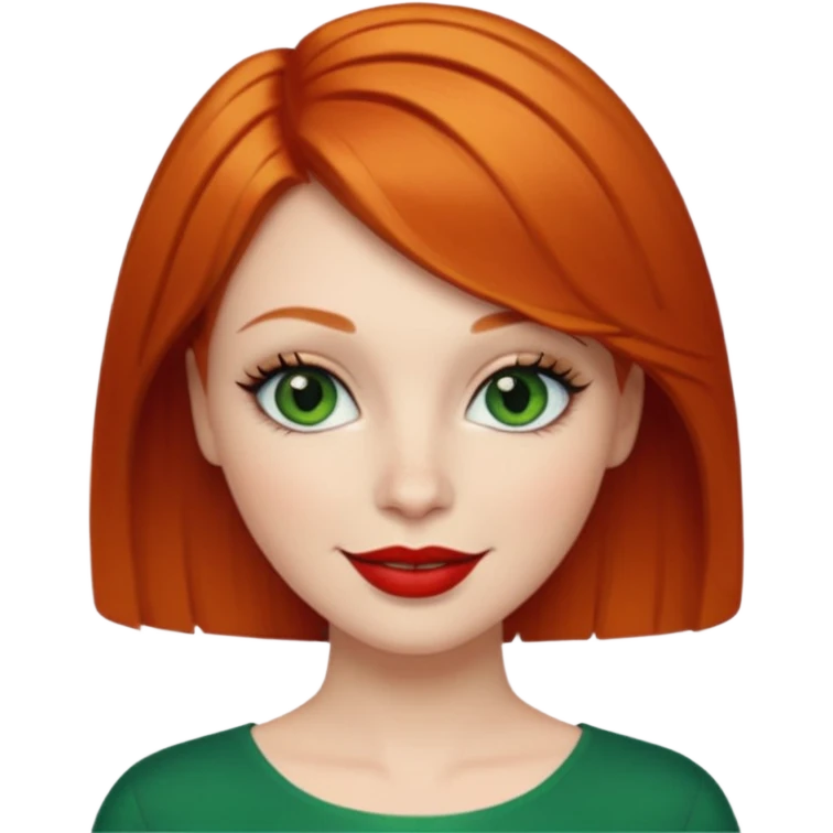 Short Ginger hair, green eyes, black long eye lashes large red lips White woman happy emoji