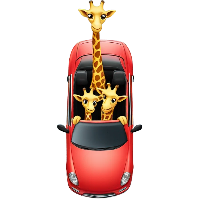 two cute giraffes driving in a red car emoji