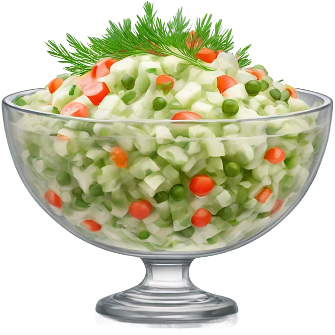 russian salad olivier on a crystal bowl, dill on top of a dish, view from the side  emoji