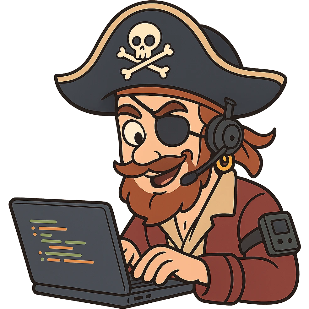 a pirate dressed as a programmer, with a laptop, coding, playful and clever expression, modern pirate hat, tech gadgets, cartoon style emoji