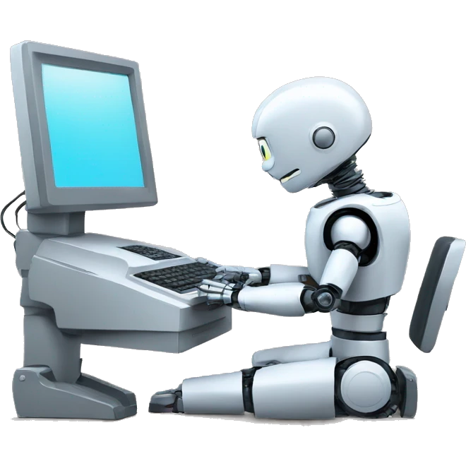 robot typing on computer with thought bubble emoji