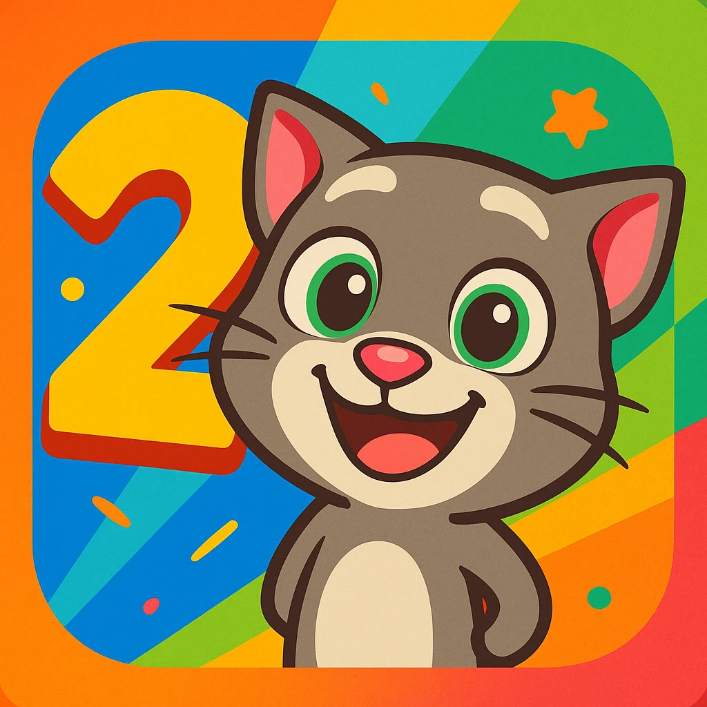 My Talking Tom Friends 2 inspired app icon, big number 2 and happy cartoon cat, playful inviting design emoji