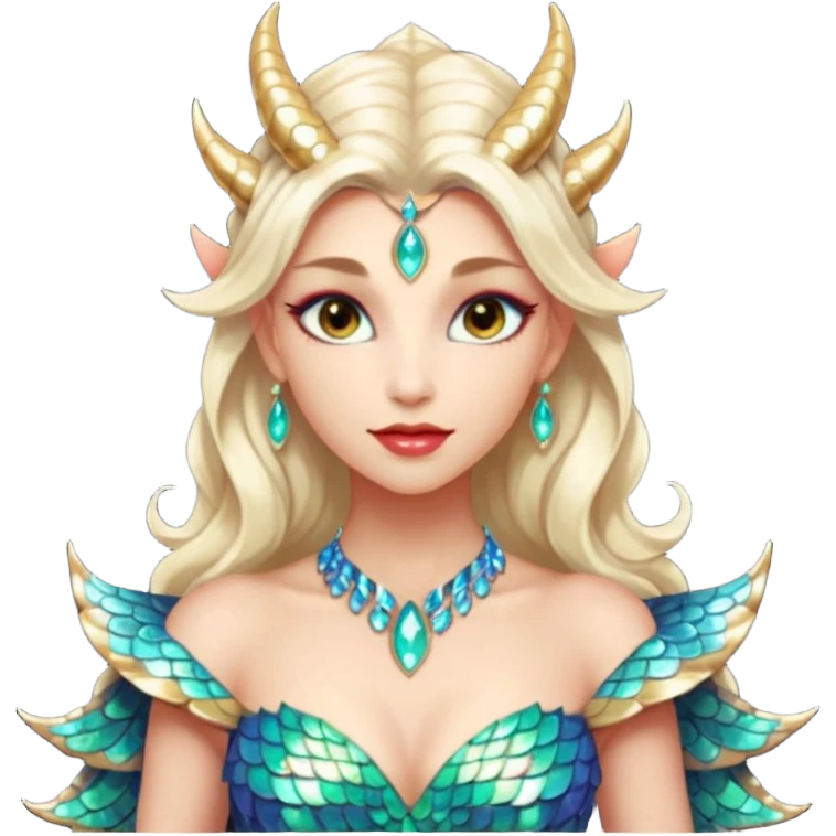 Am amazing blend of a half dragon woman with glittering jeweled scales covering her body. She has large almond shaped eyes, lush lips, and she wears a stunning luminescent gown. emoji