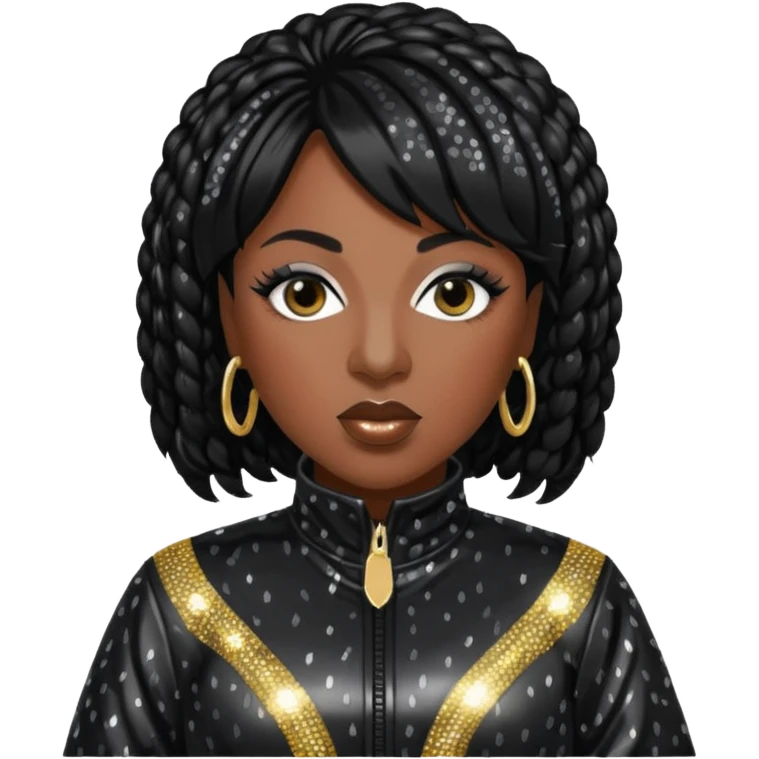 Missy Elliott with black hair, black sequin jumpsuit emoji