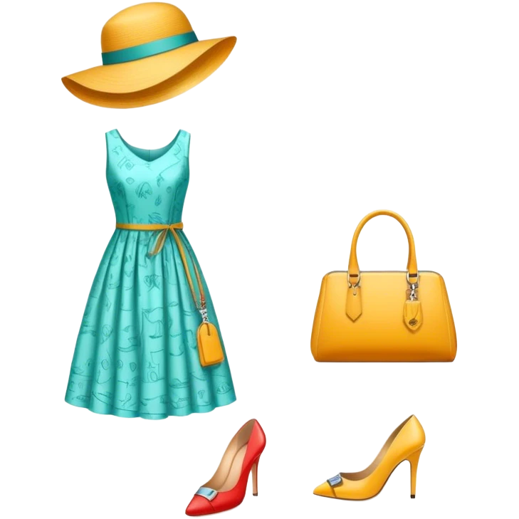 Icon for Fashion Design: a clothing pattern, a stylish hat, a bright dress, shoes, and a handbag, with measurements, a measuring tape, and a pencil. The icon should represent the creative and precise process of fashion design. Transparent background. emoji