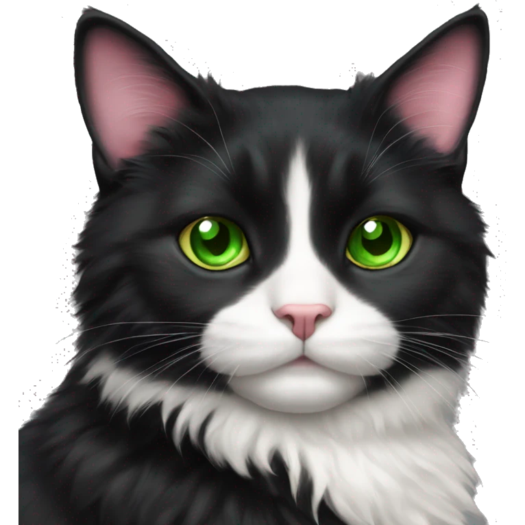 fluffy black tuxedo cat with green eyes and pink nose emoji
