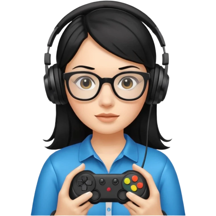 
gamer, woman shiny black hair no eyebrows with glasses, headphone, gamepad emoji