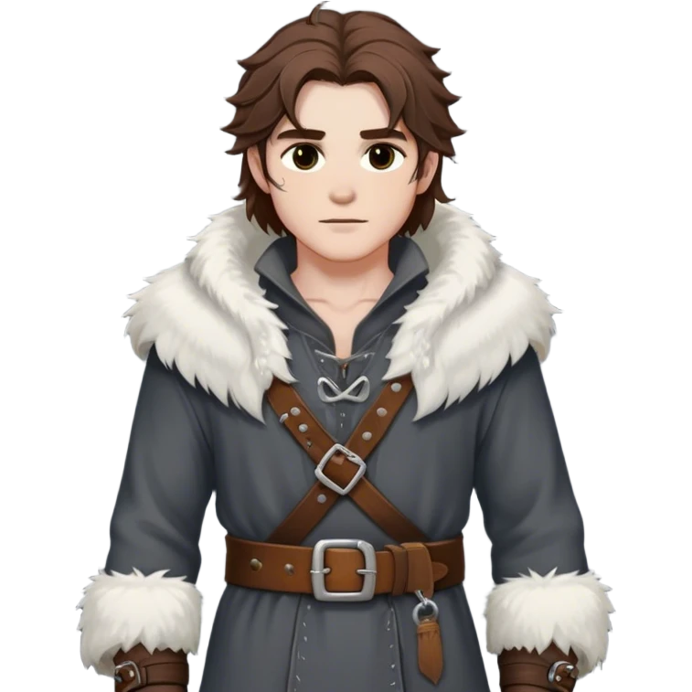 Medieval winter outfit worn by a DnD themed fantasy male character. Heavy slate gray wool tunic with wolf fur trim, featuring carved bone toggles and a wide leather belt with iron buckle. Clothes only above the waist, full waist coverage. The character has no arms. Character is white-skinned with dark copper hair, hazel eyes, and medium-length tousled hair with snow-touched strands. emoji