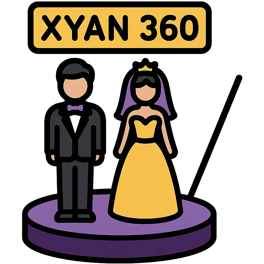 small simple icon of a bride and groom on a 360 spin booth, both dressed elegantly, with 'Xyan 360' signage, purple gold and black accents, luxury wedding event style emoji