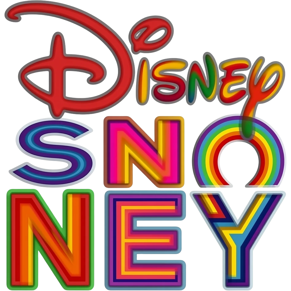 name "disney" in vivid bold red 3D style typography lettering, each color of the rainbow as a border outlined around each letter, isolated, 3d rendering, no emoji icons no emoji faces and must have no human figures emoji